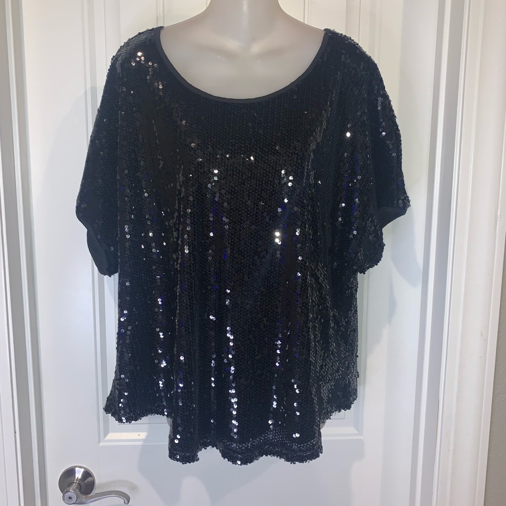 Black Sequin Short Sleeve Blouse - Women